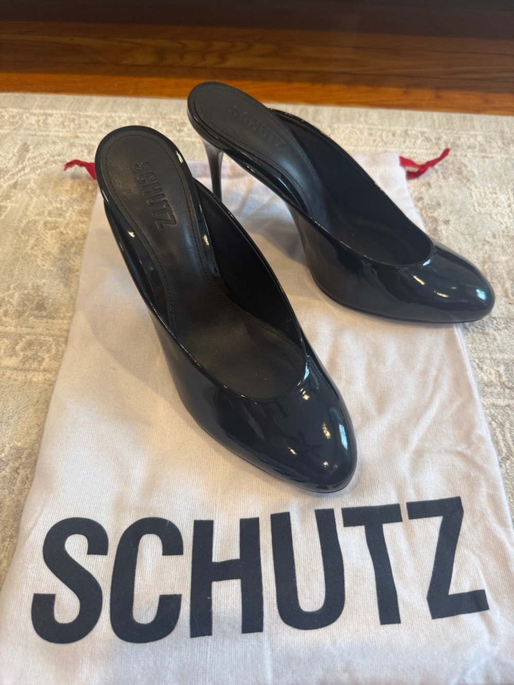 SCHUTZ Black Patent Leather Pointed-Toe Slip-On Heels